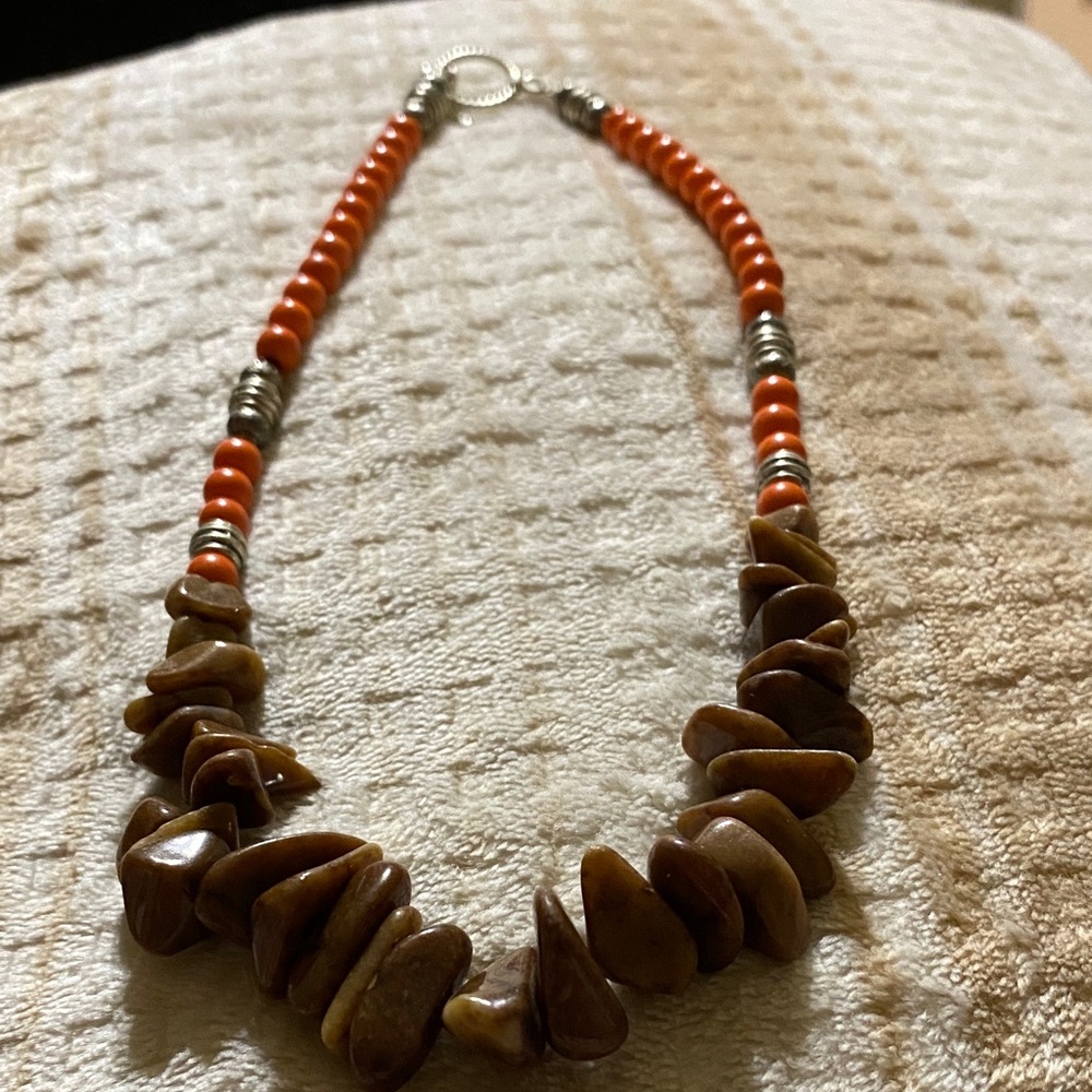 Chic Brown stone and  burnt Orange Beaded Necklace with toggle closure.